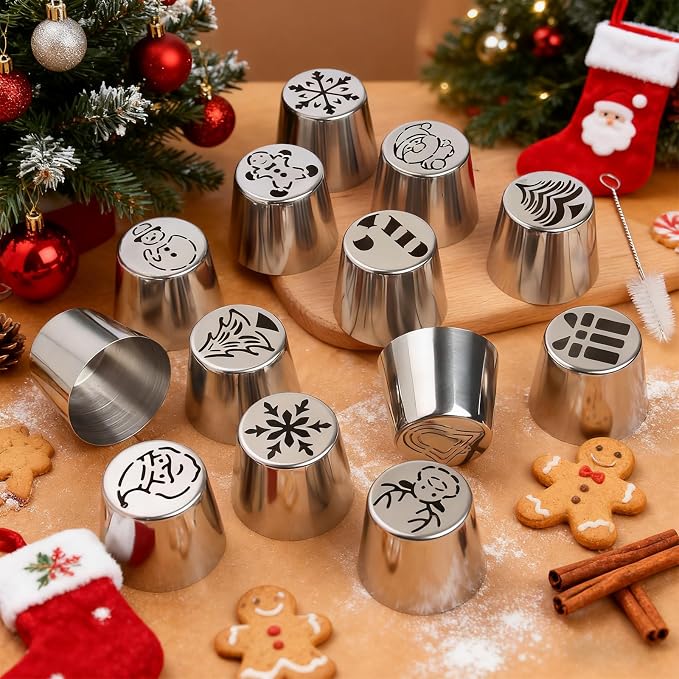 13 Pcs Extra Large Christmas Theme Icing Tips Set with10 Disposable Pastry Bags,1 Small Russian Flower Tip,1 Cleaning Brush for Cake Decoration,Cream Baking Tools