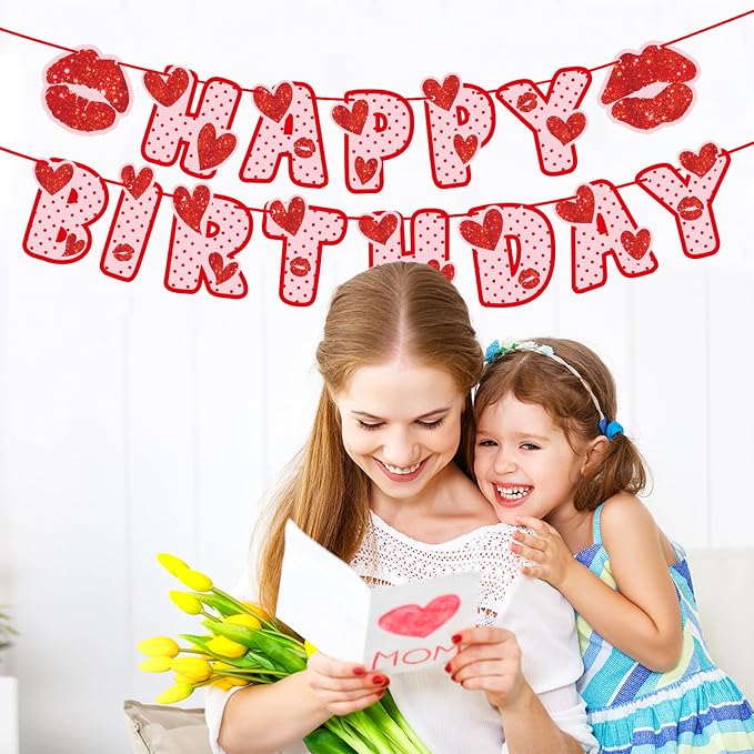 Zwiebeco Love Heart Happy Birthday Banner Red and Pink Glitter Sign Hanging Paper Party Decoration for Girls Women Accessories