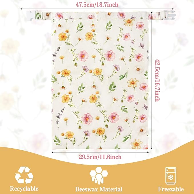 Reusable Beeswax Bread Bags - 2 Pack Bees Wax Food Bag, Homemade Sourdough Bread Storage, 2-in-1 Linen Cotton Large Freezer Container Home Baking Accessories with Lining (Watercolor Flowers)
