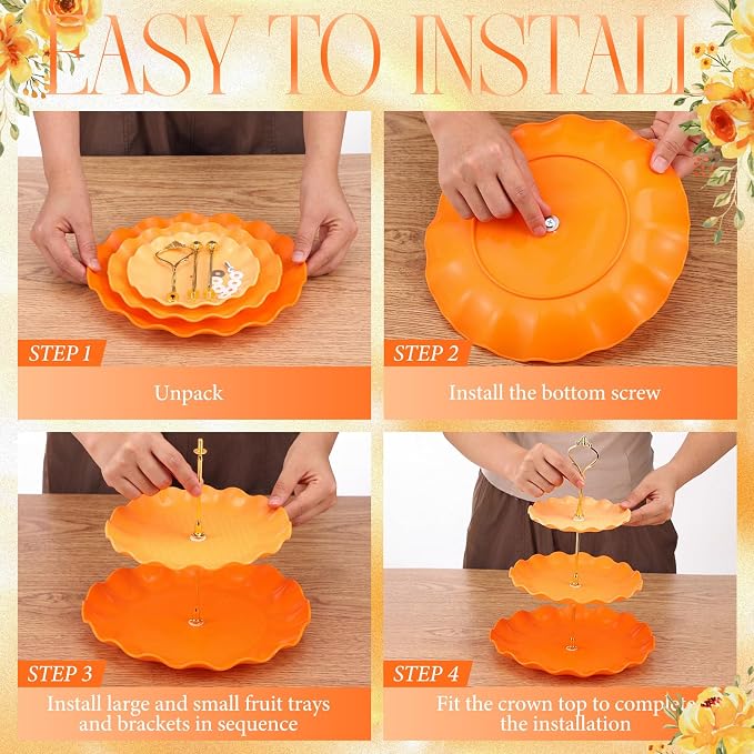 FoldTier 6 Pack Cupcake Stand Set 3 Pcs 3 Tier Gradient Dessert Table Display Stands Cookie Tray Rack 3 X14 in Rectangle Party Trays for Wedding Birthday Tea Party Baby Shower(Orange,Round)