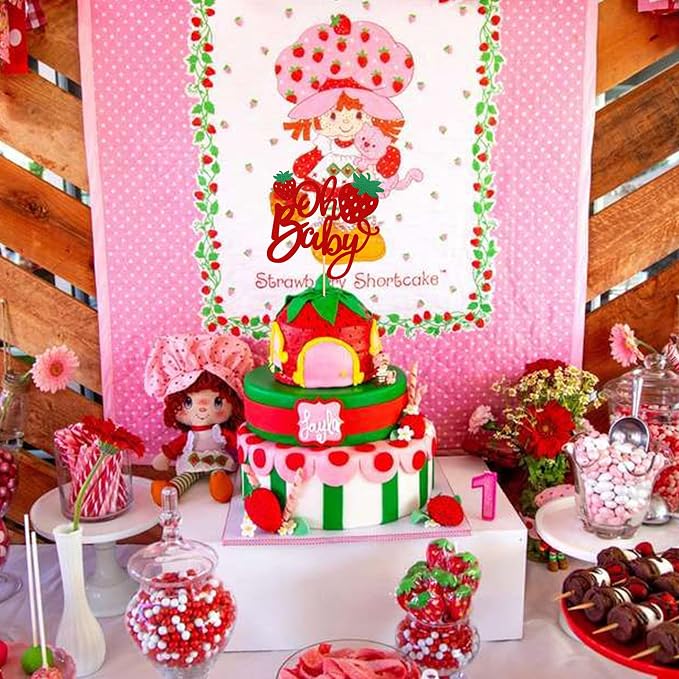1 PCS Strawberry Oh Baby Cake Topper Glitter Baby Shower Strawberry Cake Pick Fruit Theme Oh Baby Cake Decoration for Baby Shower Kids Boys Girls Birthday Party Decorations Supplies Red