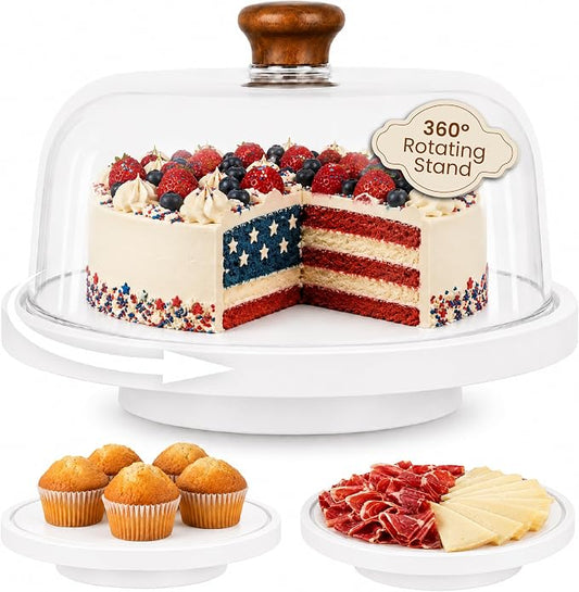 Rotating Acacia Wood Cake Stand with Lid Anti-Mold 12 Inch - 2-in-1 Wooden Charcuterie Board - Covered Dessert Plate with Acrylic Dome - Vintage Pastry Display - Tall Domed Serving Stand Platter - White