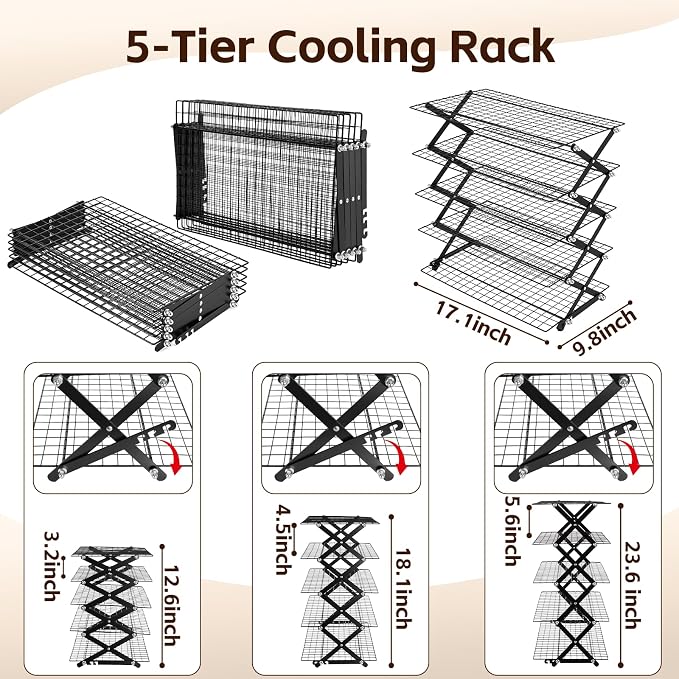 Timeet 5 Tier Upgraded Collapsible Cooling Rack with Adjustable 3 Setting Design, Stackable Baking Rack with Clean Brush, Roasting Cooking Drying Wire Cooling Rack for Cookies Baking ＆ Grilling