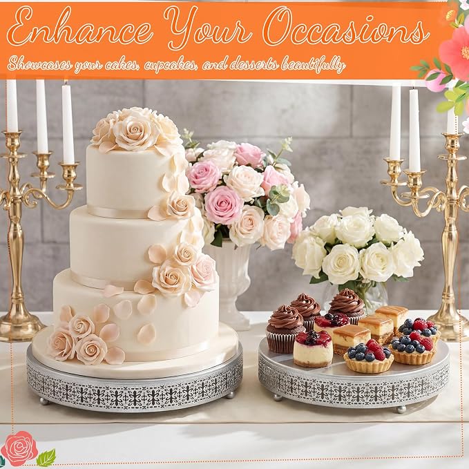 Wenqik 2 Pack Cake Stand Set, 14/16 Inch Metal Round Cupcake Dessert Stand Decorative Elegant Cake Display for Weddings Party Birthday Baby Showers Anniversary(Ornate Floral,Silver)
