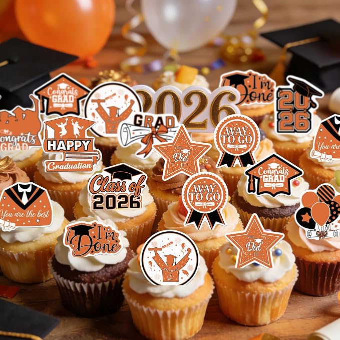 48pcs Edible 2026 Graduation Cupcake Toppers Wafer Paper Orange Class of 2026 Cake Decorations Edible Congrats Grad Cupcake Picks for 2026 Graduation Theme Party Cake Supplies