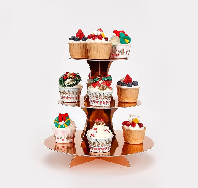 YLDW 3-Tier Cupcake Stand, Rose Gold Cardboard Cake Stand holder, Tiered DIY Cupcake Stand Tower for Dessert Table Displays, Birthday Theme Party Favors Decoration, Floral Tea Party, 12" W x 12.8" H