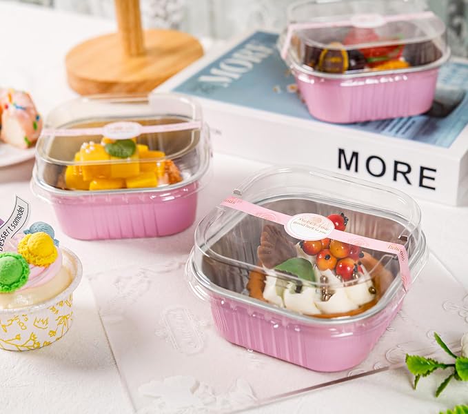 NPLUX 50 Pcs Mini Square Baking Cups with Lids and Spoons Aluminum Foil Mini Cake Pans with Lids Disposable Ramekins Cake Pans Dessert Cups for Wedding, Graduation Gifts Party Favors(Pink,10oz)