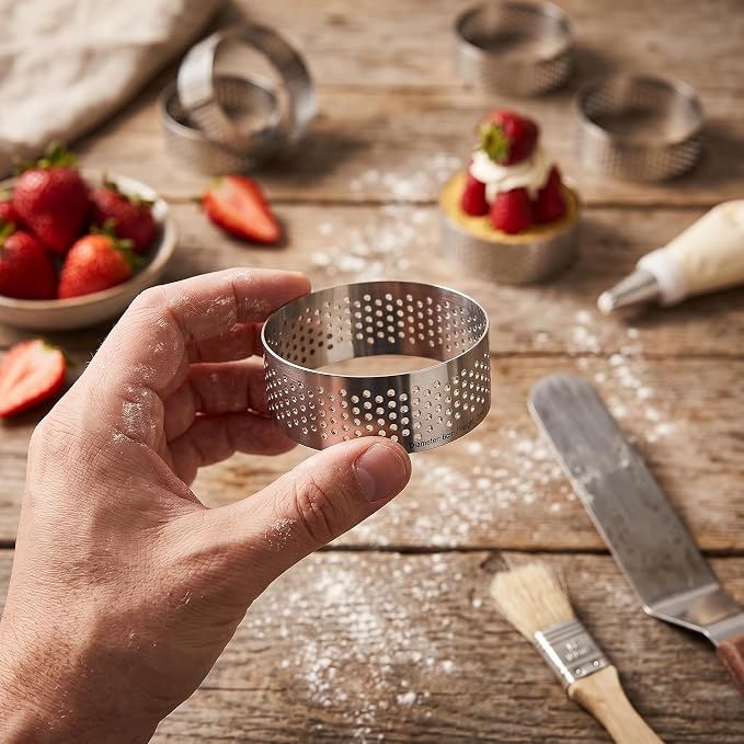 DATANYA 12Pack Tart Rings Perforated Tart Ring, Stainless Steel Cake Rings 2.36Inch Round Mousse Ring Molds for Baking Cooking Dessert, small fruit tartet crust 6cm