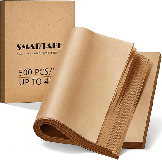 SMARTAKE 500 Pcs Parchment Paper Baking Sheets, 12x16 Inches Non-Stick Precut Baking Parchment, for Baking Grilling Air Fryer Steaming Bread Cup Cake Cookie and More (Unbleached)