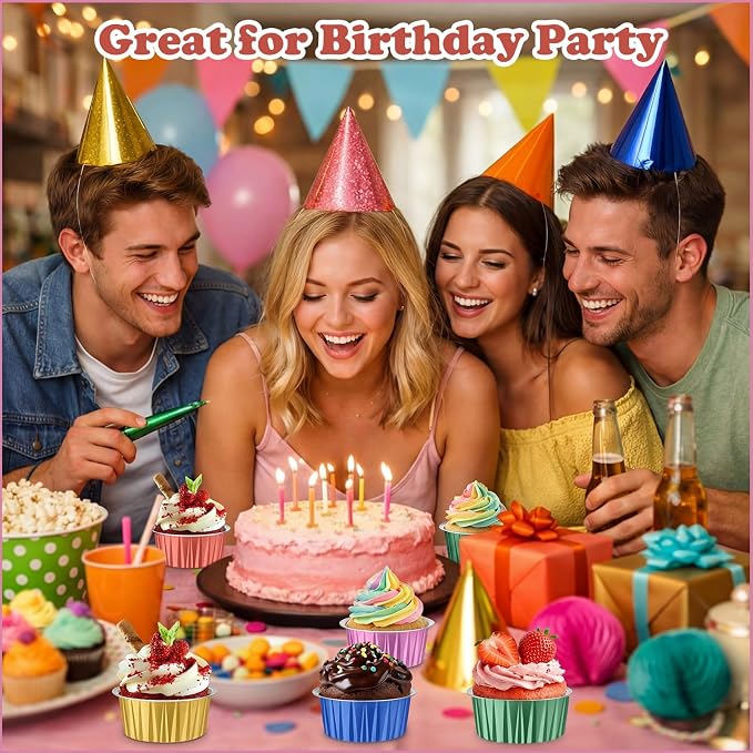 200 Pack Aluminum Foil Cupcake Liners with Lids, 5 oz Round Baking Cup, Disposable Ramekin Container for Graduation Wedding Independence Day Party(Multicolor,Plain)