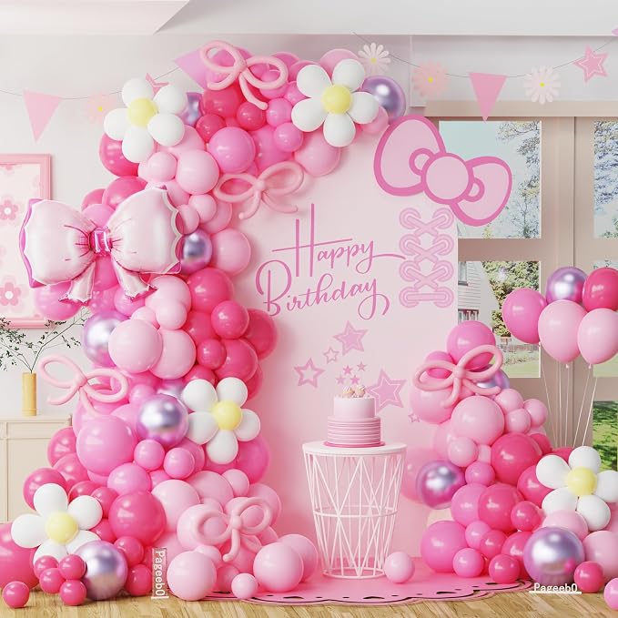 Kawaii Carton Cat Balloon Garland Arch Kit, 152Pcs Pastel Pink and Hot Pink Metallic Purple Balloons with Bow Foil Balloon for Baby Shower Supplies Girl Birthday Cat Theme Princess Party Decorations