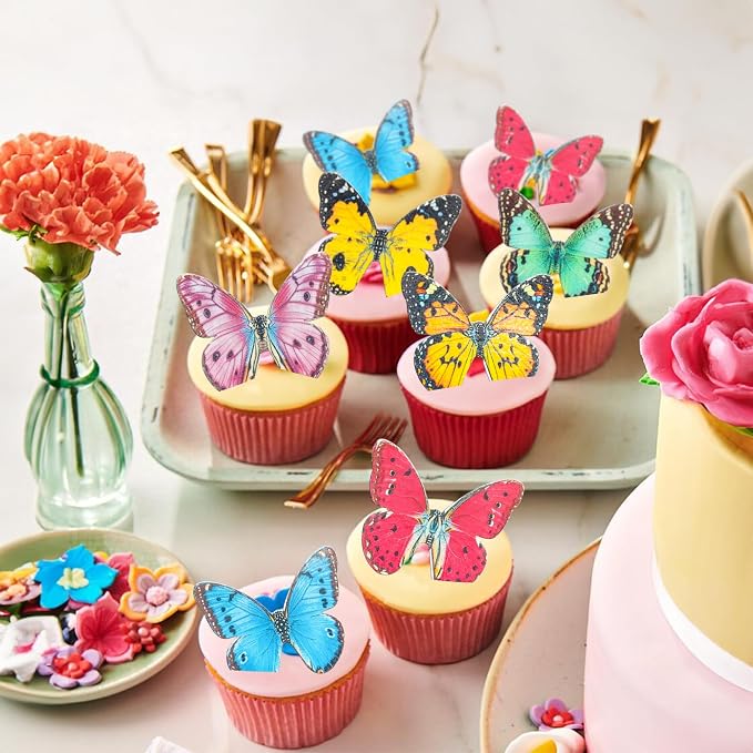 Gyufise 48Pcs Multicolor Butterfly Cake Decorations: Edible Wafer Paper Butterflies, Cupcake Toppers, Party Decorations, Birthday, Gender Reveal, Baby Shower, Wedding Anniversary, Kids Birthday