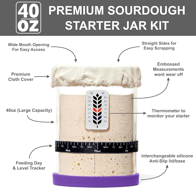 Premium Sourdough Starter Jar - 40oz Large Sourdough Jar with Marked Feeding Band, Scraper, Cloth Cover and Silicone Lid/Base, Wide Mouth Starter Kit - Purple