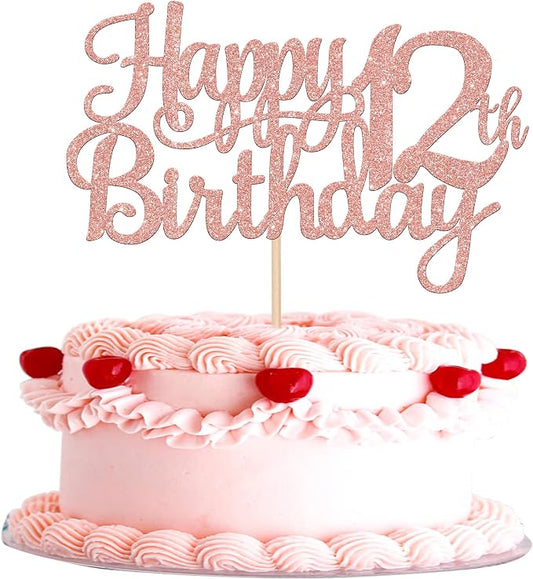 1 PCS Happy 12th Birthday Cake Topper Glitter Cheers to 12 Years Birthday Cake Pick 12 Fabulous Cake Decoration for Happy 13th Birthday Theme Party Decorations Supplies Rose Gold