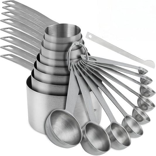 Measuring Cups and Spoons Set 18, Metric&US 18/8 Stainless Steel Measuring Cups and Spoons for Kitchen &Baking, Metal Measue Cup and Spoon for Dry&Liquid, 8 Measure Cups&9 Spoons w/Leveler