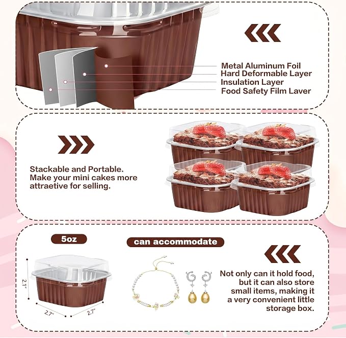 30Pack 5oz Brown Mini Cake Pans with Lids Baking Cups Aluminum Foil Pans Tins, Individual Dessert Cups Containers for Sales,Party,Picnics