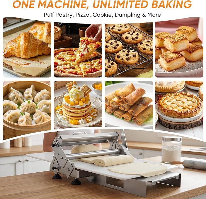 Folding Dough Sheeter,0.5-25mm Adjustable Thickness Manual Dough Roller Machine with 35.4"x15.7" Food-Grade Panel,Stainless Steel Puff Pastry Roller for Croissant Pizza Fondant, Home & Commercial Use