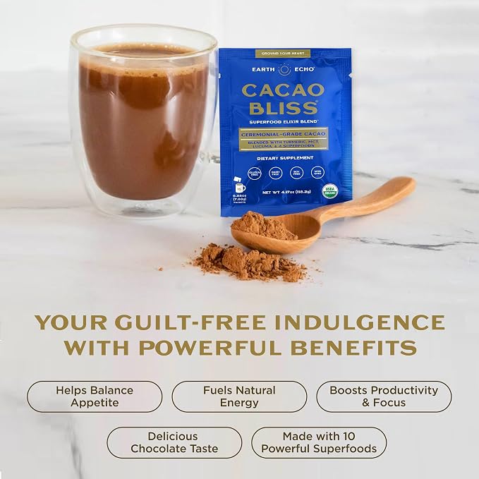 Earth Echo Cacao Bliss - Ceremonial Grade Organic Raw Cacao Powder with MCT Oil & Turmeric - Supports Energy Boost, Mindful Snacking & Focus - Unsweetened, Vegan, GMO-Free, 15 Packets for On-the-Go