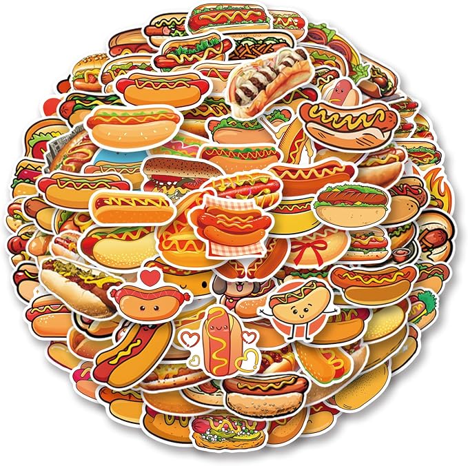 100Pcs Hot Dog Food Waterproof Stickers for Water Bottle Scrapbook Laptop,Skateboard,Party Favors Self Adhesive Stickers