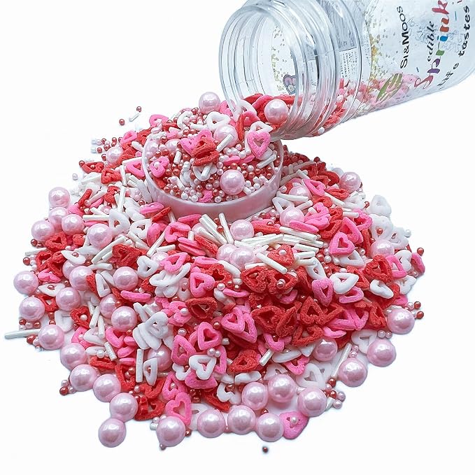 SE Si&Moos Red White and Pink Heart Sprinkles for Cake Decorating Edible Cake Sugar Pearls Valentines Sprinkles Heart Cake Decorations for Cupcakes, Ice Cream, Donuts and Lollipops Party Baby Shower Holiday Supplies 3 OZ