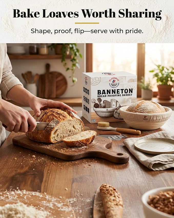 Banneton Bread Proofing Basket with Liner – Natural Rattan Dough Riser with Sourdough Baking Accessories, Artisan Bread Loaves, Homemade Bread Making - 9” Round Sourdough Starter Kit