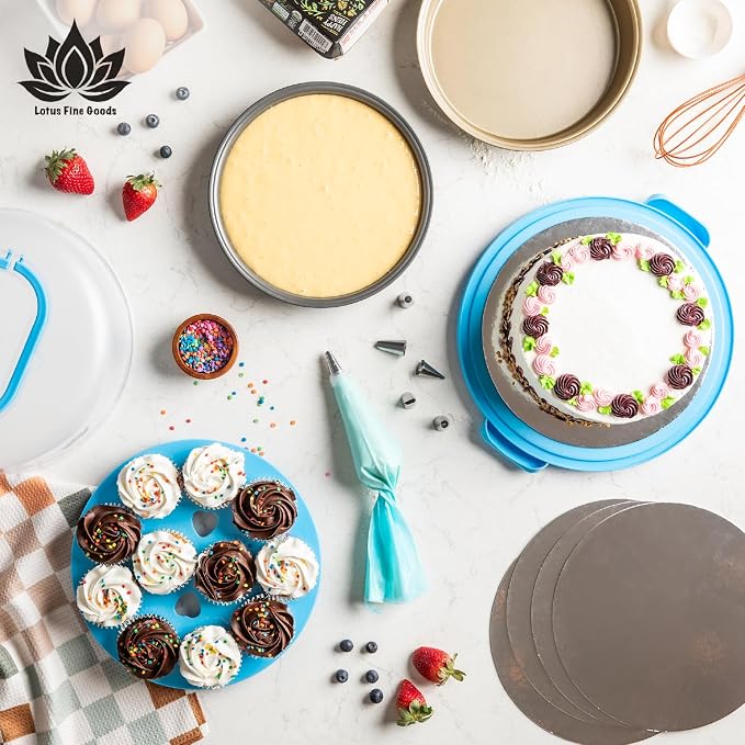 Cake Carrier with Lid and Handle – 10" Cake Storage Container with Baking Accessories, Cake Stand with Baking Pan, Cupcake Tray, Cake Boards & Piping Set
