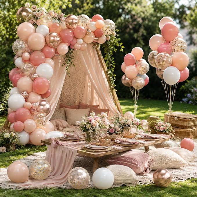 Dusty Blush Pink and Gold Balloon Arch Kit, Cream Rose Pink Balloon Garland Kit with Metallic Champagne Gold and Confetti Balloons, Beige Boho White Balloons for Wedding Bridal Birthday Decorations
