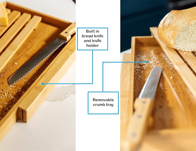 BAMBOO LAND- Large Bamboo Bread Cutting Board with Crumb Tray with Large Bread Knife, Bread Serving Tray for Kitchen