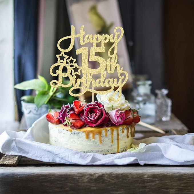 1 Pack Happy 15th Birthday Cake Topper Gold Glitter Mis Quince 15 Cheers to 15 Years Old Cake Pick for Celebrating 15th Birthday Anniversary Party Cake Decorations Supplies