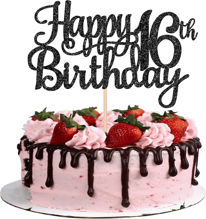 1 PCS Happy 16th Birthday Cake Topper Glitter Cheers to 16 Years Birthday Cake Pick Sweet 16 Fabulous Cake Decoration for Happy 16th Birthday Theme Party Decorations Supplies Black