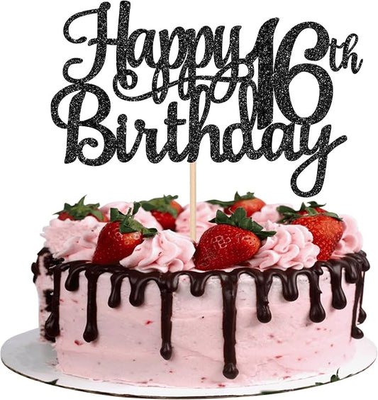 1 PCS Happy 16th Birthday Cake Topper Glitter Cheers to 16 Years Birthday Cake Pick Sweet 16 Fabulous Cake Decoration for Happy 16th Birthday Theme Party Decorations Supplies Black