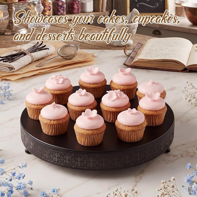 Wenqik Black Cake Stand 16 Inch Metal Round Cupcake Dessert Wedding Cake Stand with Cutting & Spatula Cookies Display Holder Fruit Serving Tray for Table Wedding Birthday Anniversary Party