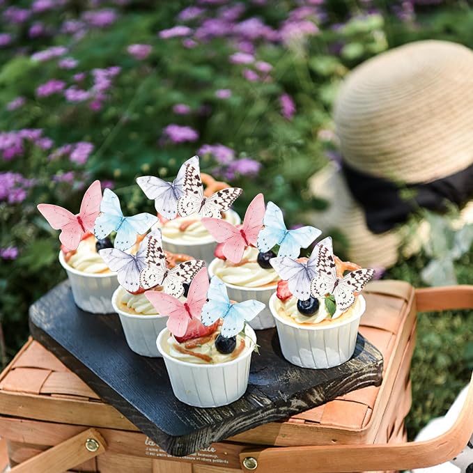 48 PCS Colorful Wafer Paper Butterflies Cake Decorations - Edible Butterfly Cupcake Picks for Baby Shower, Wedding, Birthday Party
