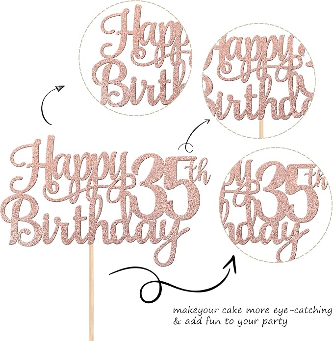 1 PCS Happy 35th Birthday Cake Topper Glitter Cheers to 35 Years Birthday Cake Pick 35 Fabulous Cake Decoration for Happy 35th Birthday Theme Party Decorations Supplies Rose Gold