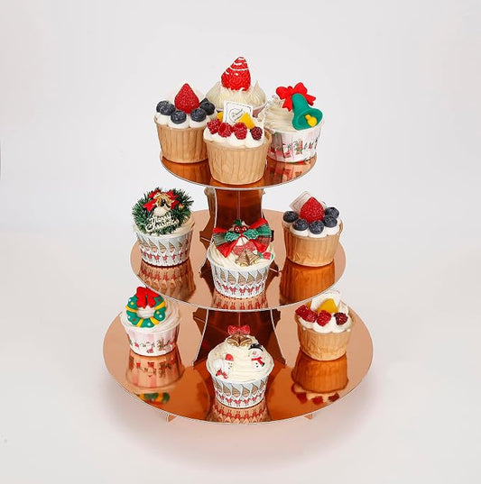 YLDW 3-Tier Cupcake Stand, Rose Gold Cardboard Cake Stand holder, Tiered DIY Cupcake Stand Tower for Dessert Table Displays, Birthday Theme Party Favors Decoration, Floral Tea Party, 12" W x 12.8" H