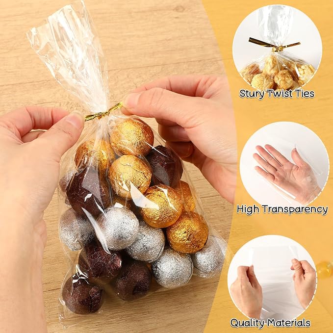 Augshy 300Pcs Candy Bags for Party Favors Clear Cake Pop Wrappers Supplies | Clear Cellophane Plastic, 6x10 Inch Cake Pop Wrappers, Bakery Cookies Snacks, Treat Gift Supplies, Twist Ties