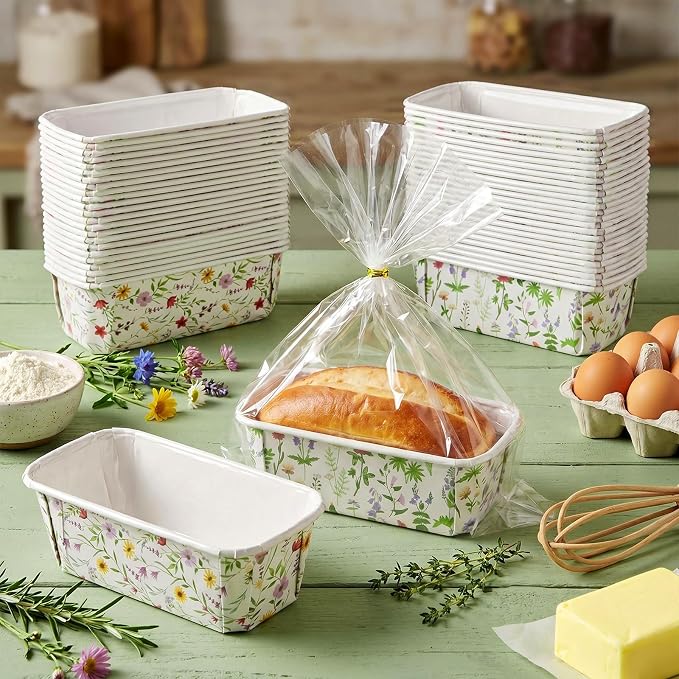 Hushee 50 Sets Wildflower Paper Loaf Pans with Bags & Ties, 6.3x2.2x2.2" Disposable Mini Bread Baking Molds, Colorful Floral Spring Cake Liners for Mother's Day Easter Garden Party Gifts