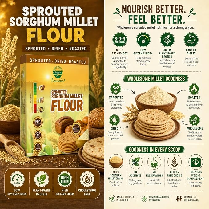 Danodia Foods Sprouted Jowar Flour 950g / 2 lb, Sorghum Flour/Jowar Atta, Roasted & Ground Millet Flour for Roti, Bhakri, Flatbread, Porridge & Baking, Indian & US Pantry