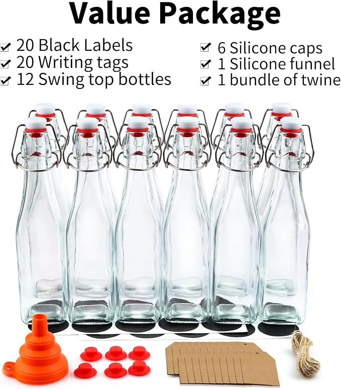 12 Pack 12oz Swing Top Glass Bottles, 375ML Square Bottles with Airtight Stoppers for Kombucha, Kefir, Vanilla Extract, Beer(Bonus Gaskets, Labels and Funnel)