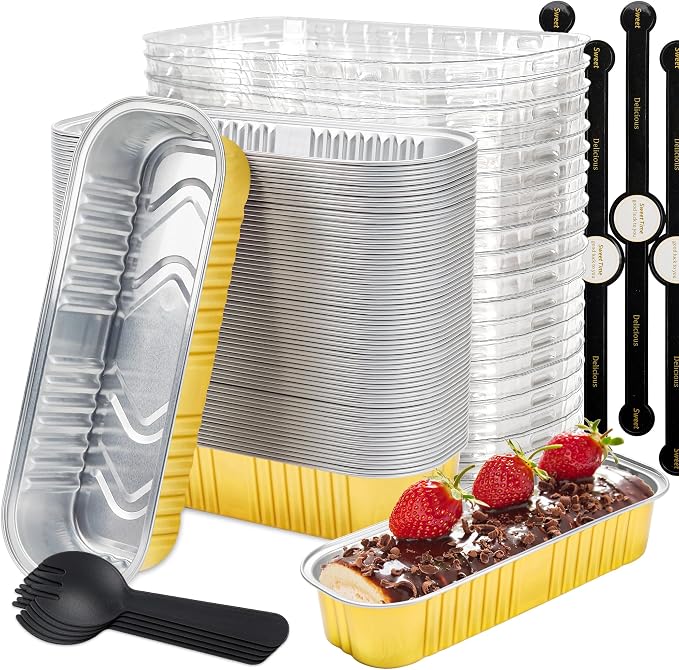Loaf Pans with Lids, 50 Pack Gold 6.8oz for Bakery Gifts | Fits bars, pudding, crumble and layered desserts; simple structure is easy to understand at a glance.