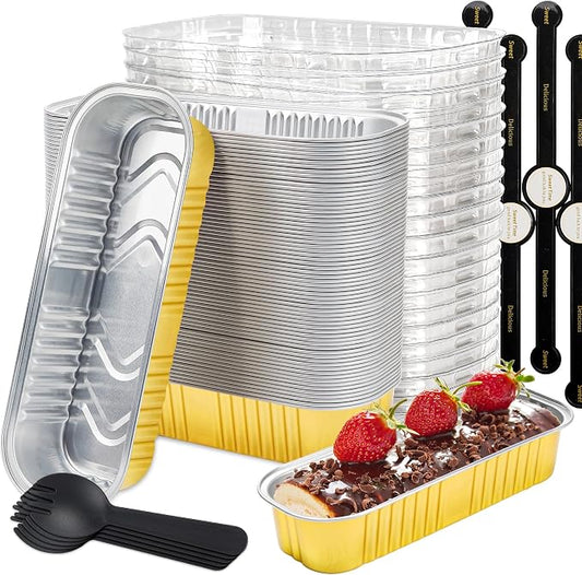 Loaf Pans with Lids, 50 Pack Gold 6.8oz for Bakery Gifts | Fits bars, pudding, crumble and layered desserts; simple structure is easy to understand at a glance.