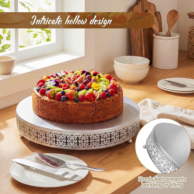 Wenqik Silver Cake Stand 20 Inch Metal Round Cupcake Dessert Stand with Cake Cutting, Spatula Cookies Cupcake Pastry Display Candy Holder Fruit Serving Tray for Wedding Birthday Party