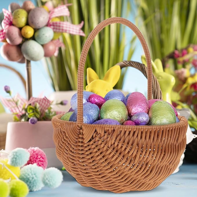 Small Woven Basket with Handle, Plastic Rattan Wicker Easter Basket for Picnic, Harvesting, Home Storage And Decor, Splinter-free, Light Brown, 9. 04 Inch