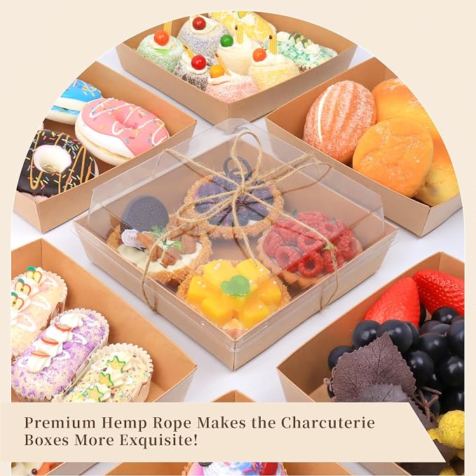 7 x 7 x 2.6 Inches Large Charcuterie Boxes with Clear Lids, 50 Pack Disposable Square Brown Bakery Boxes, To Go Paper Food Container for Cake Slices, Sandwiches, Cookies, Dessert