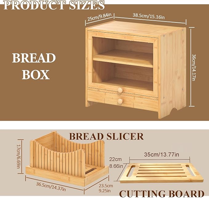 2 Tier Bread Box with Slicer and Cutting Board Extra Large | Bread Storage,Keep Bread Fresh,Natual Bamboo,Large Capacity,Space-Saving,Acrylic Window,For Homemade Bread,Kitchen Storage
