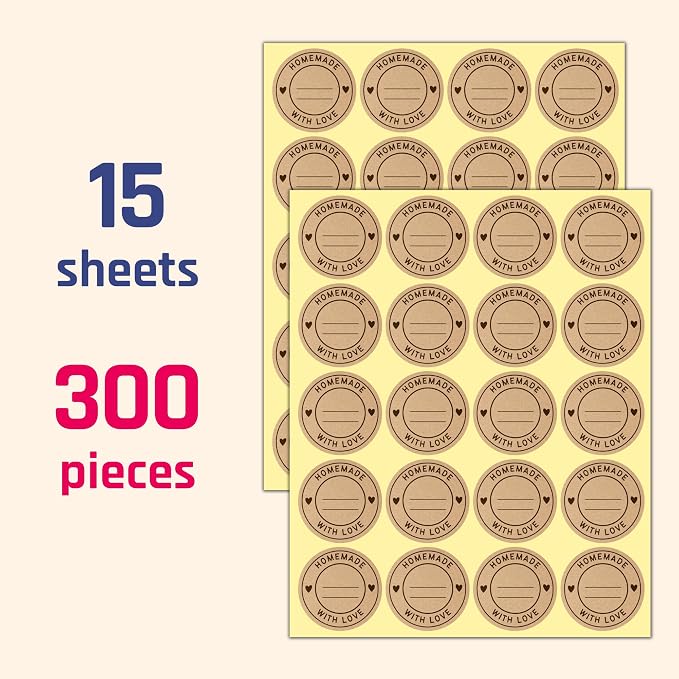 300 Pieces, 2" - Homemade with Love Stickers, Canning Labels for Jars to Write On