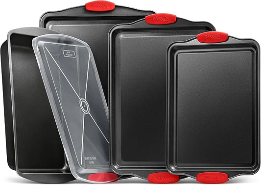 Nonstick Cookie Sheet Pans Set of 5 - Professional Quality Carbon Steel Baking Sheet Trays with Gray Coating Inside & Outside – Small, Medium, Large Pans, Roaster Pan, and Plastic Lid