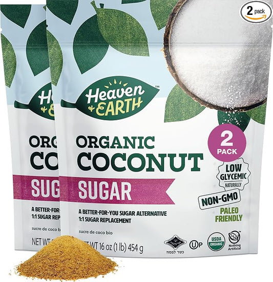 Heaven & Earth Organic Coconut Sugar, 16oz (2 Pack) | Low Glycemic | Unrefined Sugar Alternative | Natural Sweetener | Coconut Palm Sugar