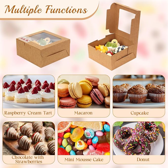 OAMCEG 80 Pack Cupcake Boxes with Window, 6x6x3 Inches Cookie Boxes, Bakery Treat Boxes for Pastry, Desserts, Chocolate Strawberries, Cupcake Containers, Gift Giving with Stickers & Twine （Brown）