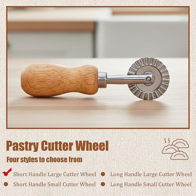 Short Handle Small Cutter Wheel - Exquisite Wooden Handle, Perfect for Pasta, Pizza, Ravioli, Cookie - Versatile Crinkle and Pastry Cutter for Effortless Slicing